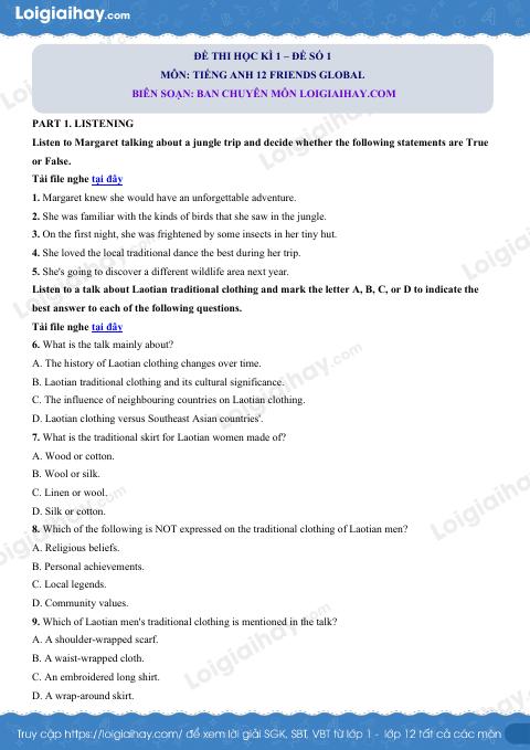Đề thi học kì 1 Tiếng Anh 12 Friends Global - Đề số 1